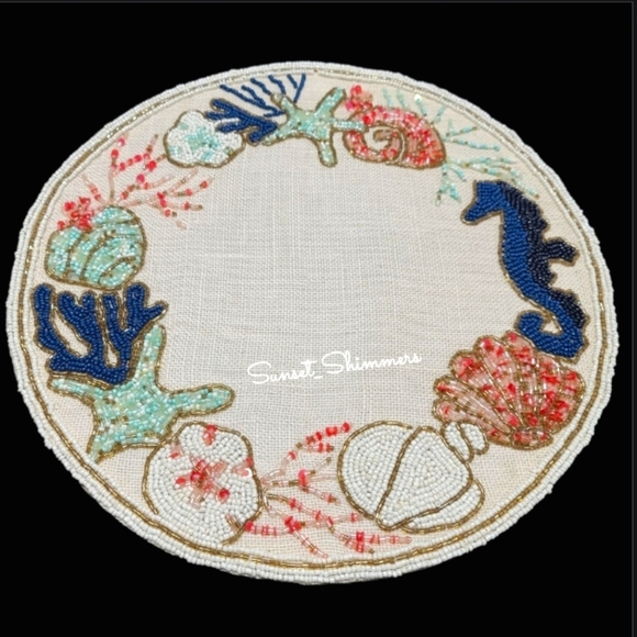 15" Rachel Zoe SEA LIFE Jute Sparkly Beaded Placemat Charger Centerpiece NEW - Picture 1 of 8